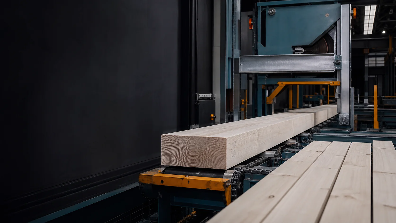 Freshly milled pale timber moving through a modern graphite and teal grading line
